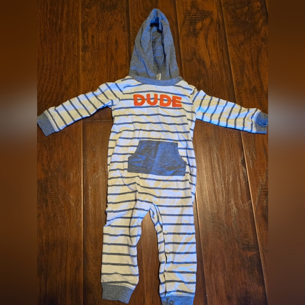🏖 Carters Boy Hooded DUDE Romper Kangaroo Pocket 24mo Cotton/Poly Blend